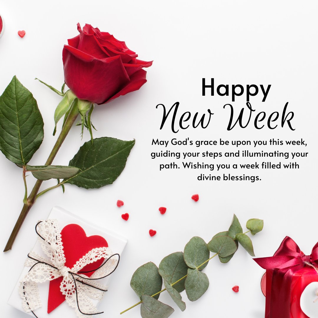 Religious Greetings for the Week Ahead featuring a beautiful red rose, a gift box with a heart, and eucalyptus leaves on a white background, symbolizing divine guidance and blessings for a new week.