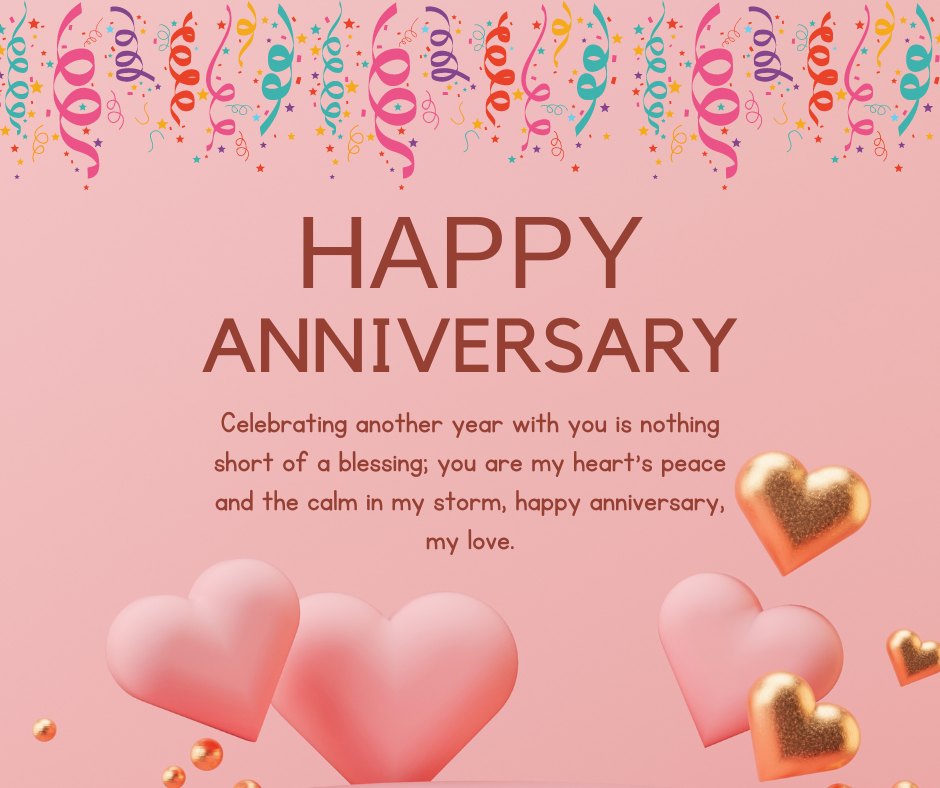 Romantic Anniversary Love Messages for Her with festive streamers and sparkling stars on a soft pink background, featuring floating hearts and a heartfelt message celebrating another blessed year together.