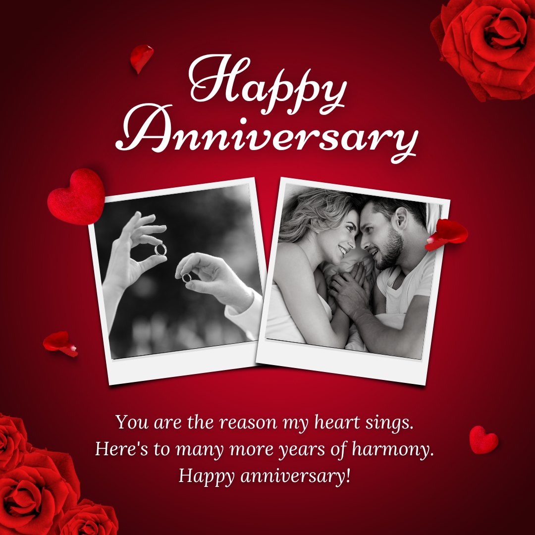 Romantic Anniversary Love Messages for Him featuring a vibrant red background with two black and white photos of a couple, one showing a proposal and the other a tender embrace, accompanied by a heartfelt message and rose decorations.