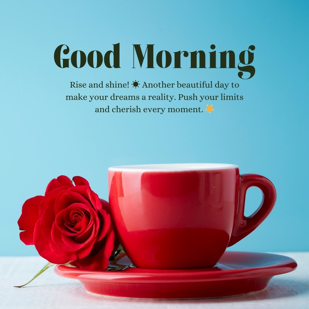 Short positive good morning message featuring a red coffee cup with a matching red rose on a blue background, encouraging a bright and motivated start to the day.