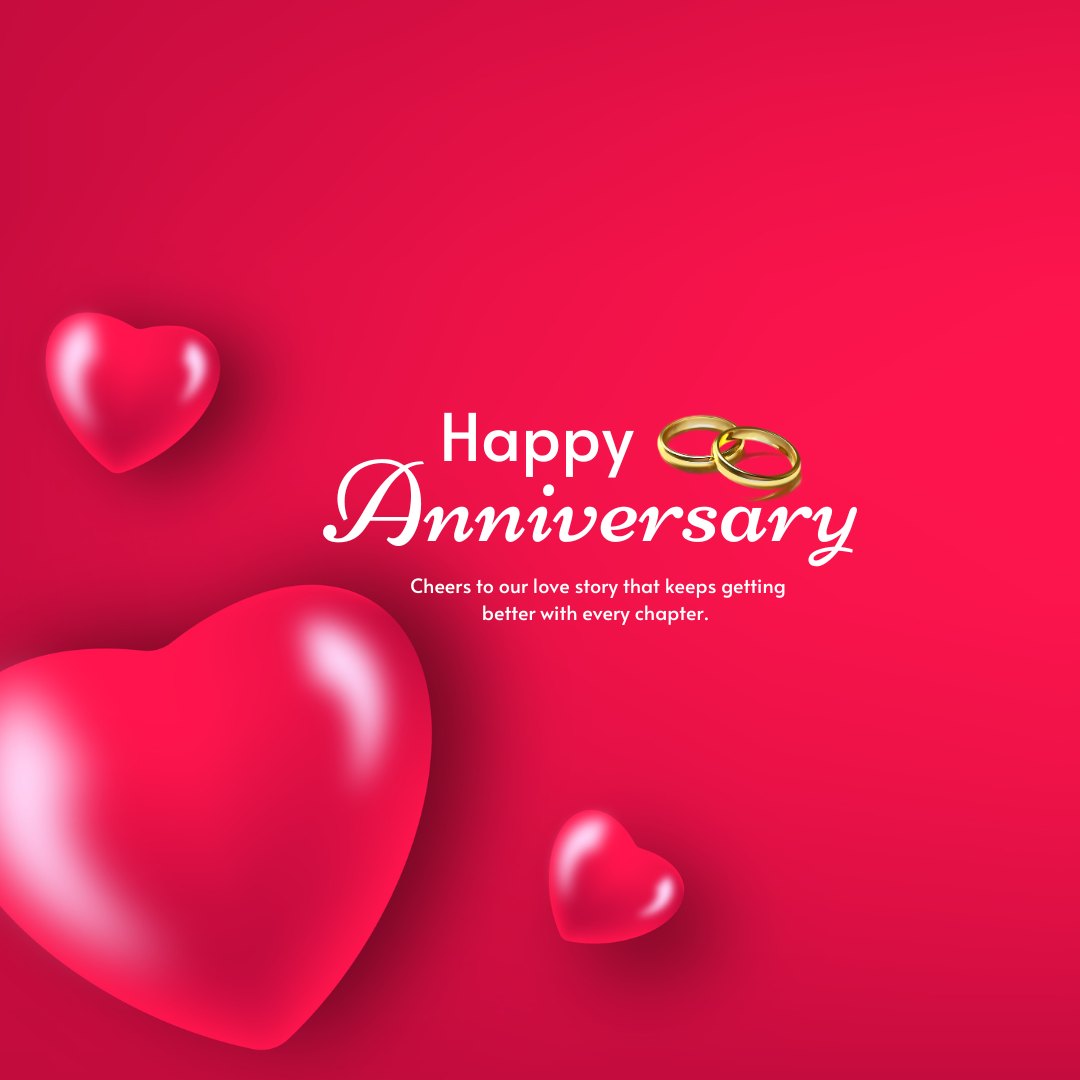 Special Wedding Anniversary Captions on a vibrant red background with floating hearts and wedding rings, celebrating a love story that improves with every chapter.