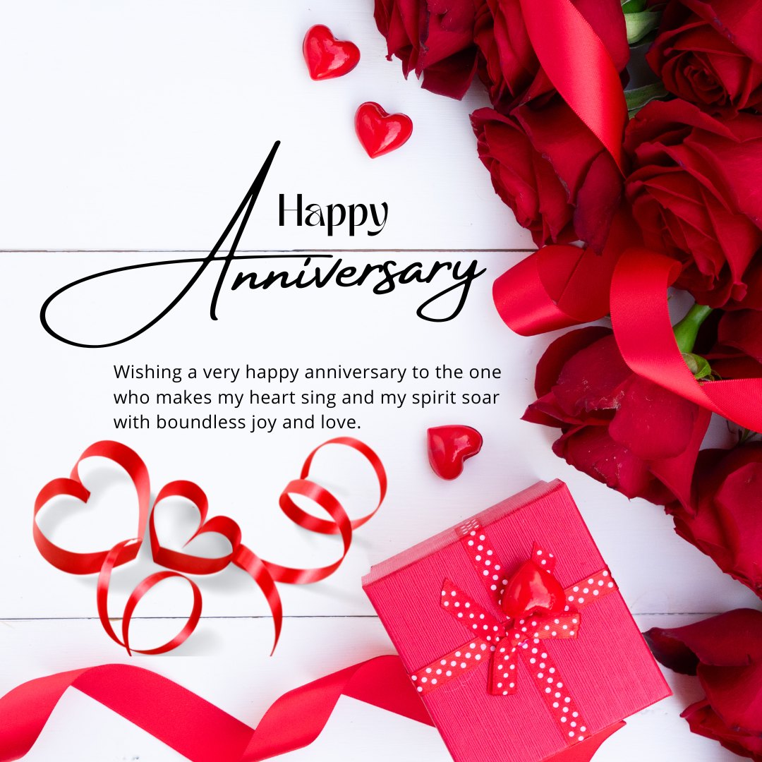 Wedding Anniversary Love Messages featuring a festive arrangement of red roses, heart-shaped ribbons, and a pink gift box on a white background with a heartfelt anniversary greeting.