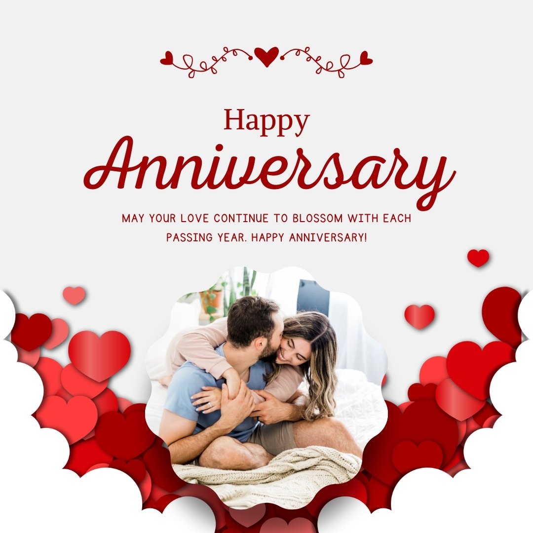 Wedding Anniversary Wishes for Couple image of a loving embrace on a couch with heart decorations and celebratory message.