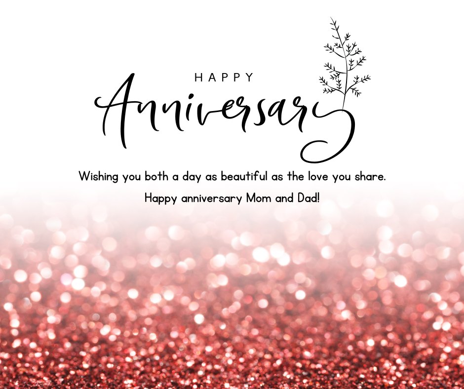 Elegant wedding anniversary greeting card for parents featuring 'Happy Anniversary' in stylish script over a shimmering pink glitter background, with a message wishing a day as beautiful as the love they share.