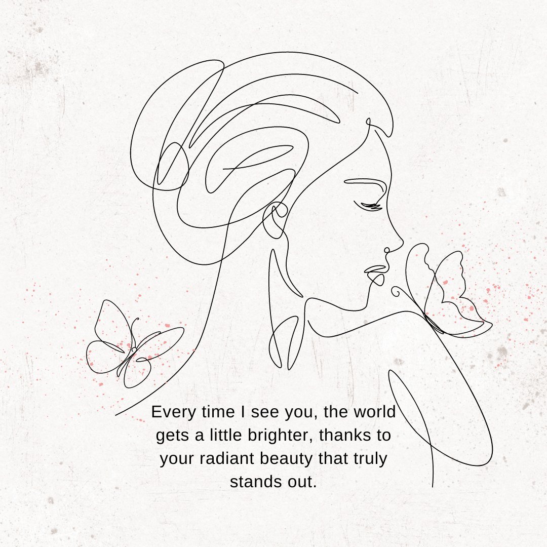 Minimalist line art of a woman with a butterfly on her finger, featuring a poetic compliment on her beauty, ideal for You Are Beautiful Messages for Crush.
