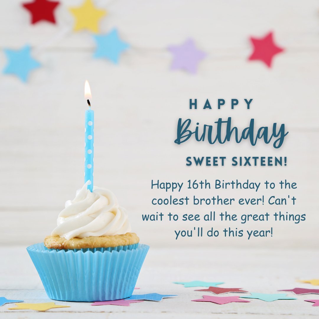 16th Birthday Wishes for your brother featuring a cupcake with a lit blue candle, colorful star decorations in the background, and a message wishing the coolest brother an amazing year ahead.