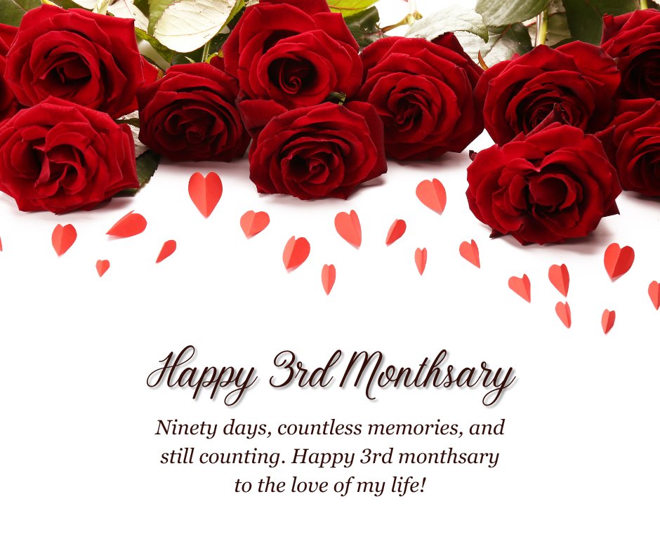 3rd Monthsary message for boyfriend featuring a row of red roses with falling heart petals and the message 'Ninety days, countless memories, and still counting. Happy 3rd monthsary to the love of my life!'