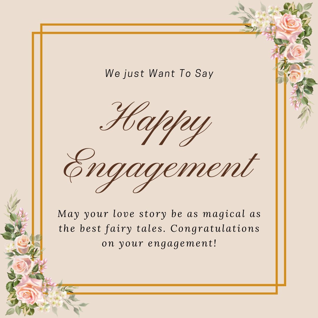 Best Quotes for Your Brother's Engagement card with elegant script on a peach background, adorned with floral decorations at the corners, expressing a magical love story.