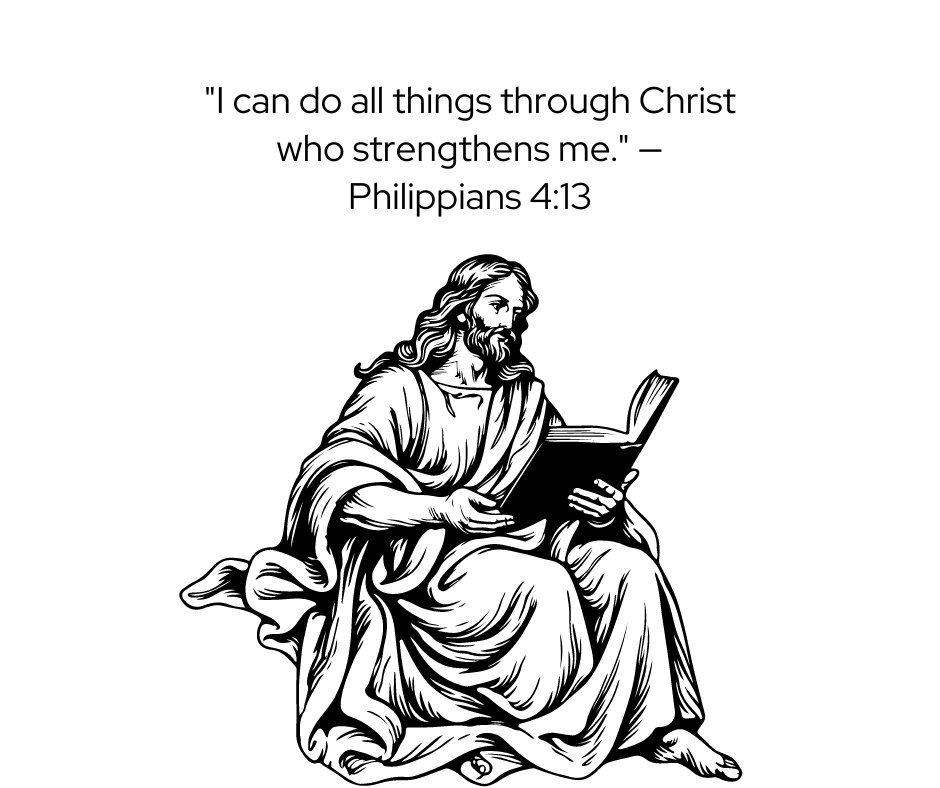 Illustration of Jesus reading a book, paired with the Bible verse 'I can do all things through Christ who strengthens me.' — Philippians 4:13. Bible Quotes About Personal Growth.