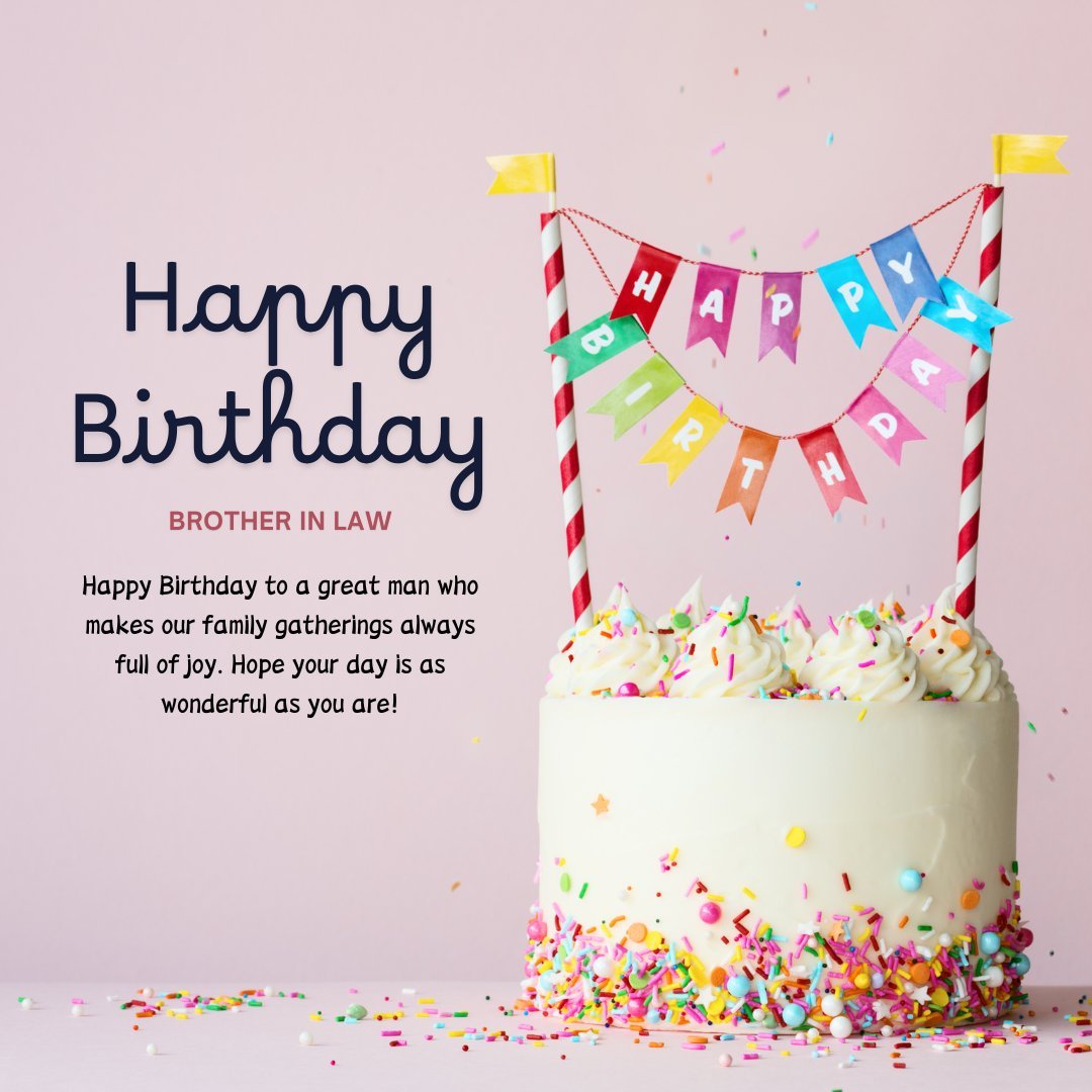 Birthday Wishes for Husband’s Brother featuring a festive cake with colorful 'HAPPY BIRTHDAY' banners and sprinkles, expressing joy and celebration.