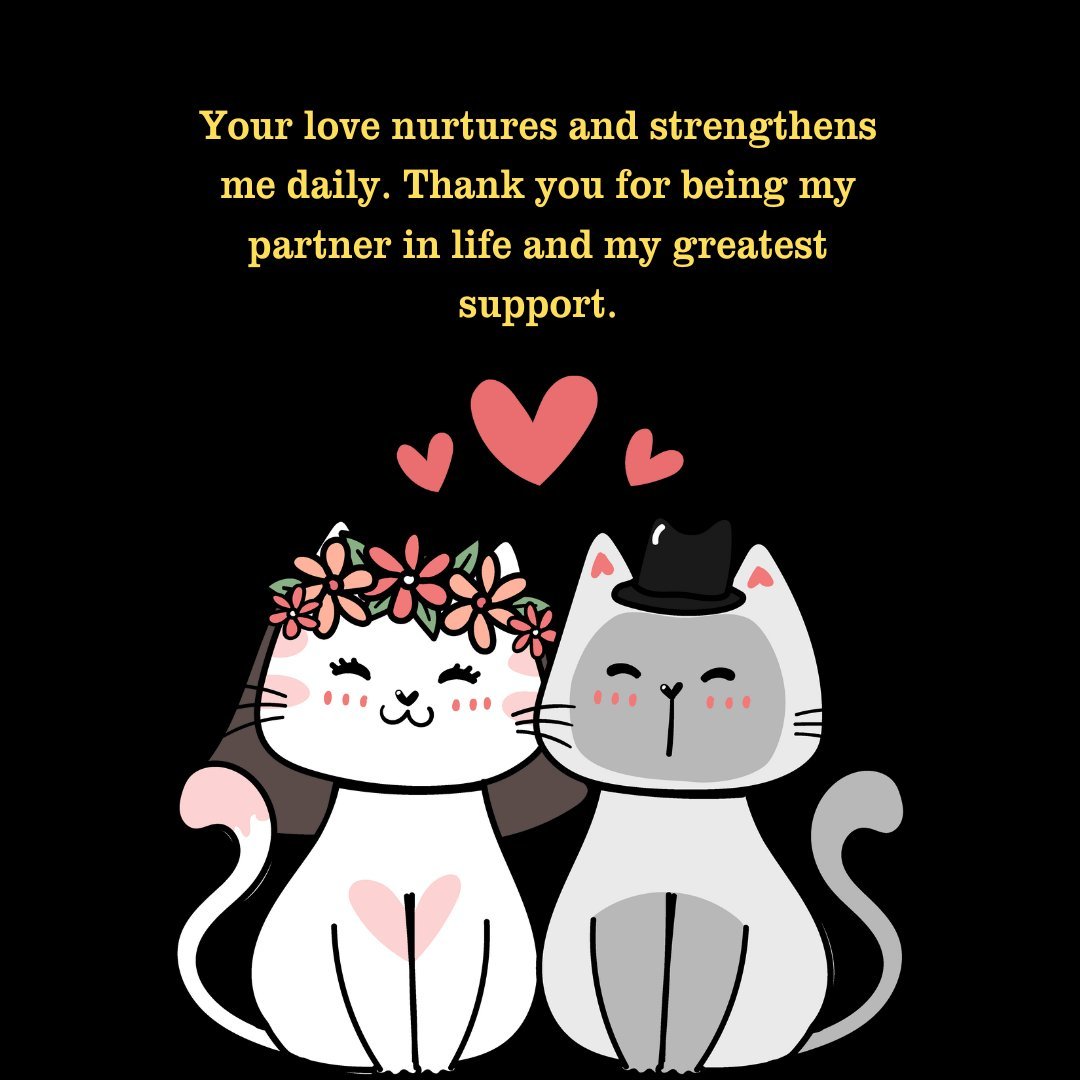 Caring Messages for Husband depicted with two cartoon cats, a male in a top hat and a female with a floral crown, symbolizing love and support, against a black background with hearts.