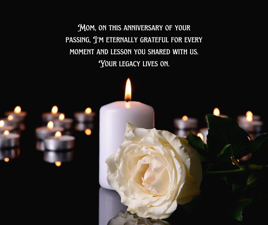A white candle burning brightly beside a white rose with multiple smaller candles in the background and a message expressing gratitude on the death anniversary of a mother.