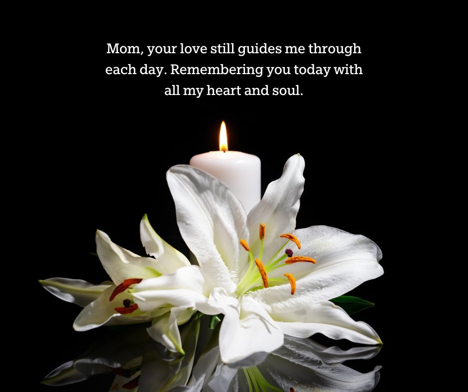 A single white candle burning beside a beautiful white lily, with a heartfelt message from a daughter remembering her mother on the death anniversary.