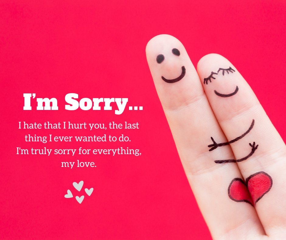 Emotional Sorry Messages for Husband depicted with two fingers painted with smiling faces, one apologizing, against a bright red background with a heartfelt apology text.