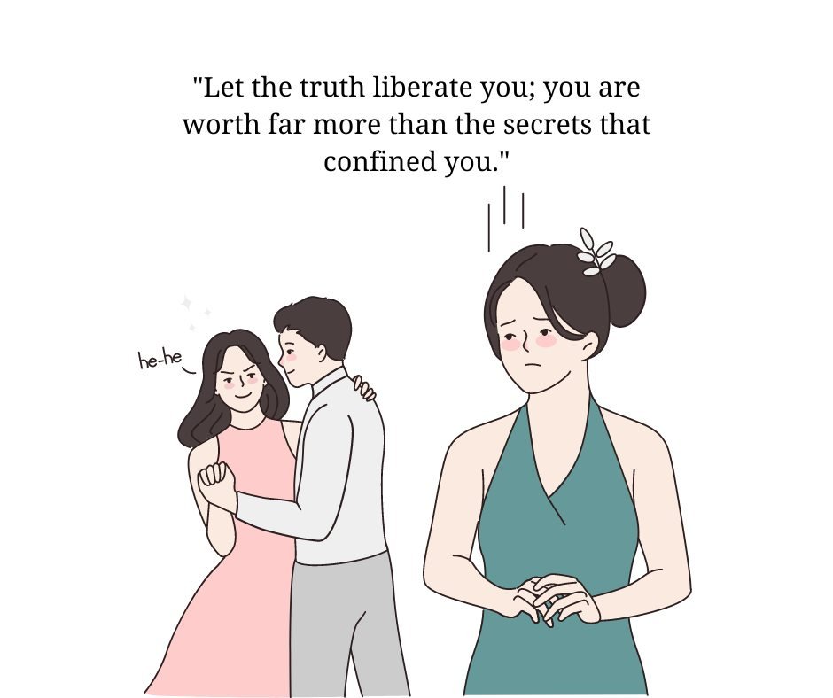 Illustration of a sad woman looking at her husband dancing with another woman, accompanied by a quote about self-worth and liberation, symbolizing encouraging words for women whose husband cheated.