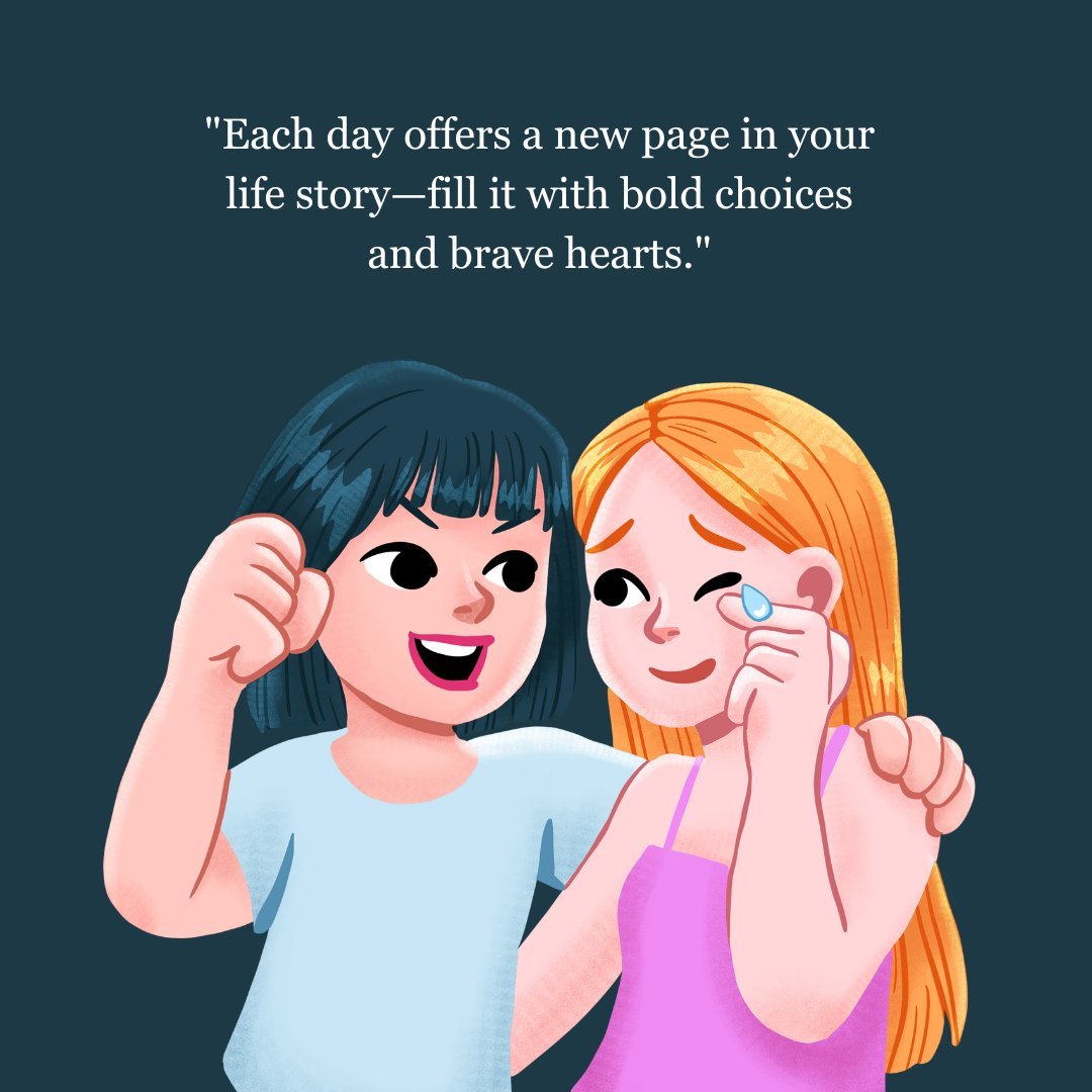 Two young girls exchanging encouraging words for women, one holding a gem, against a dark blue background.