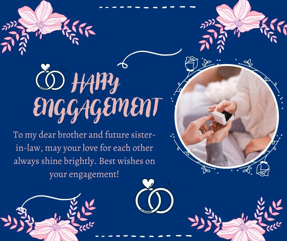 Best Engagement Wishes for Brother and Sister-in-Law on a navy blue card adorned with floral illustrations and an image of a couple during a proposal, symbolizing love and commitment.