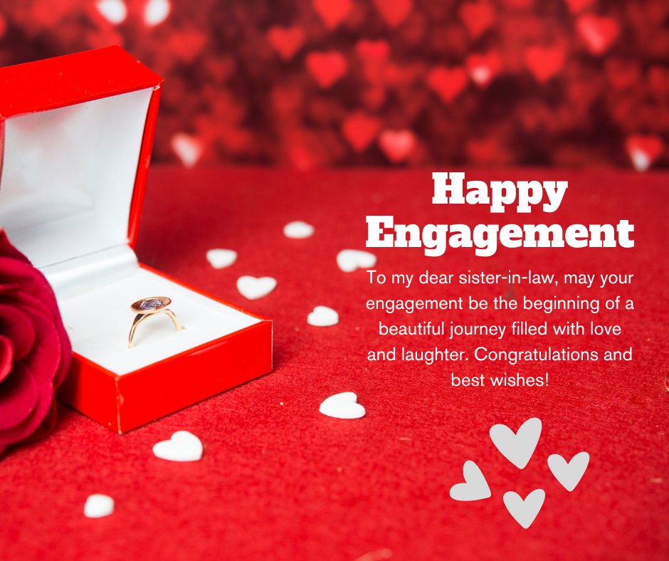 Engagement wishes for a sister-in-law featuring a diamond ring in a red box on a red background decorated with white hearts