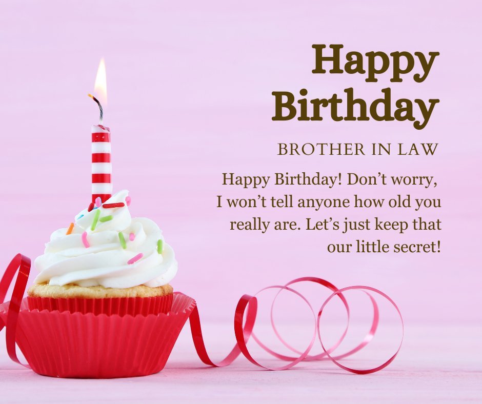 Funny Birthday Wishes for Brother in Law with a humorous message on a pink background, featuring a festive cupcake with a striped candle and red ribbon.
