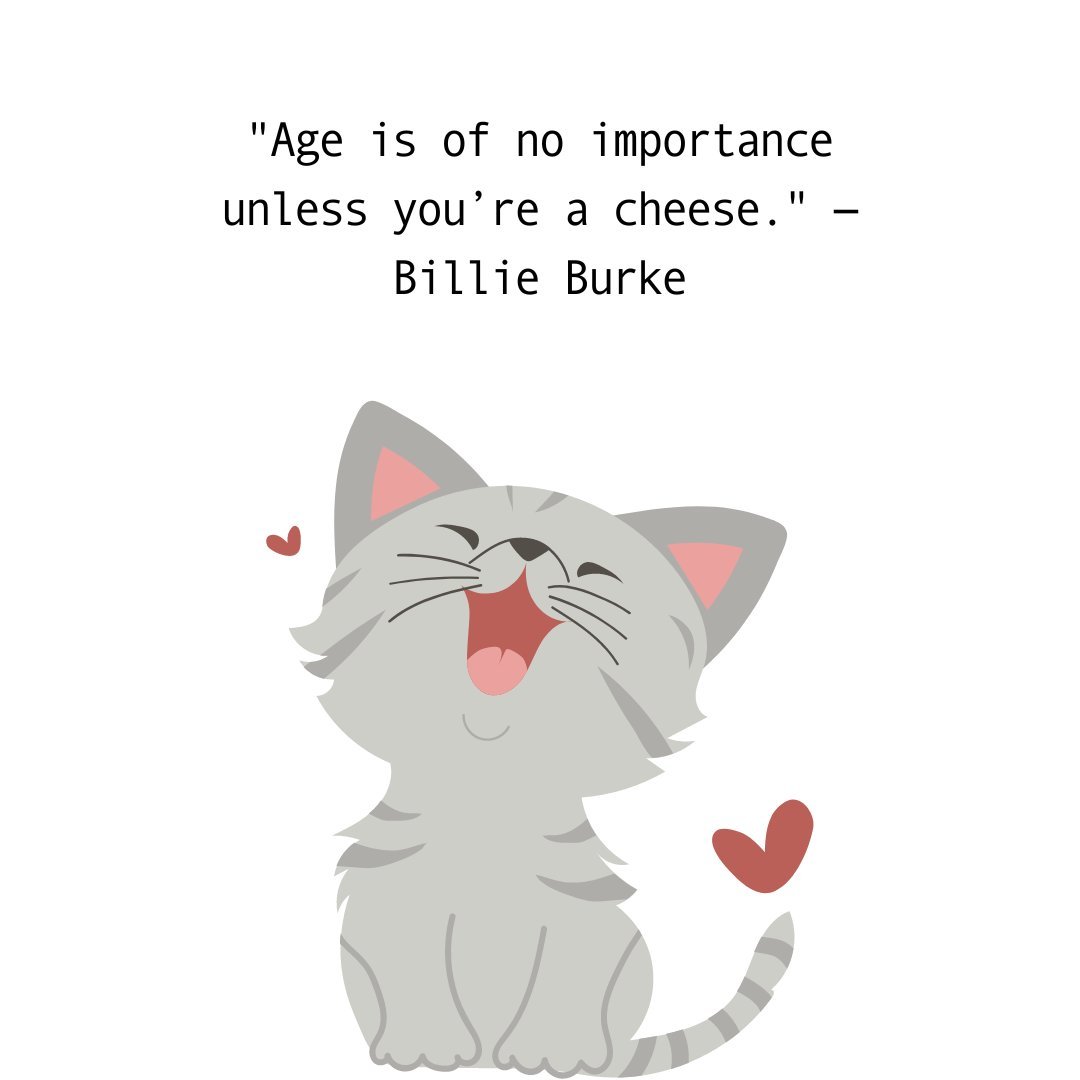 Illustration of a smiling cat with hearts around, paired with the humorous quote 'Age is of no importance unless you’re a cheese.' by Billie Burke. Funny Quotes About Personal Growth.