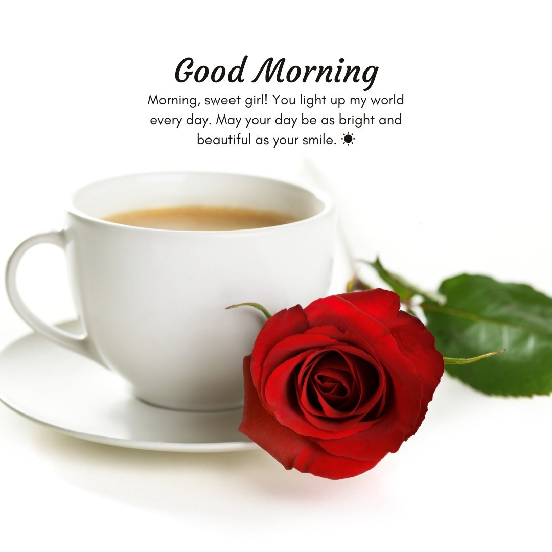 Good Morning Beautiful Messages for Daughter with a white coffee cup and a vibrant red rose, creating a loving and heartwarming morning message