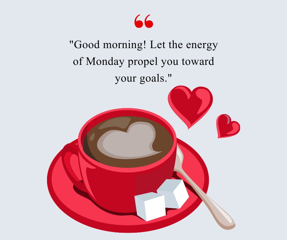 Red coffee cup with heart-shaped foam and sugar cubes alongside a good morning inspirational Monday quote: 'Good morning! Let the energy of Monday propel you toward your goals.'