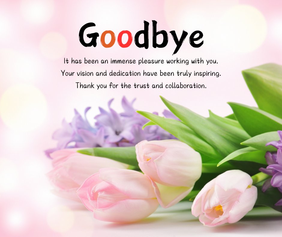 Goodbye messages to clients when leaving a company featuring a heartfelt thank you note expressing appreciation for trust, collaboration, and inspiring partnership with pink and purple flowers.