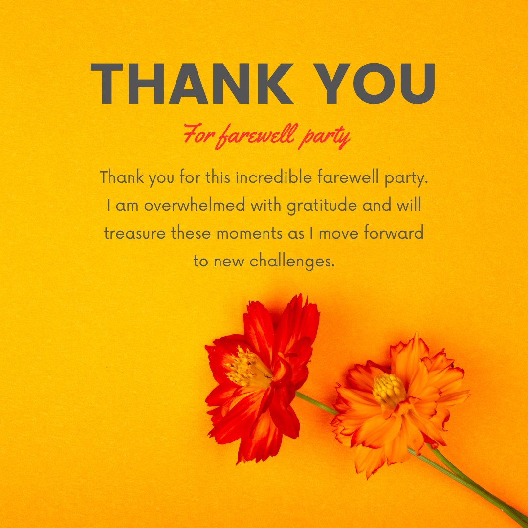 Goodbye thank you messages for farewell party featuring a heartfelt note of gratitude, set against a bright yellow background with two vibrant red and orange flowers.