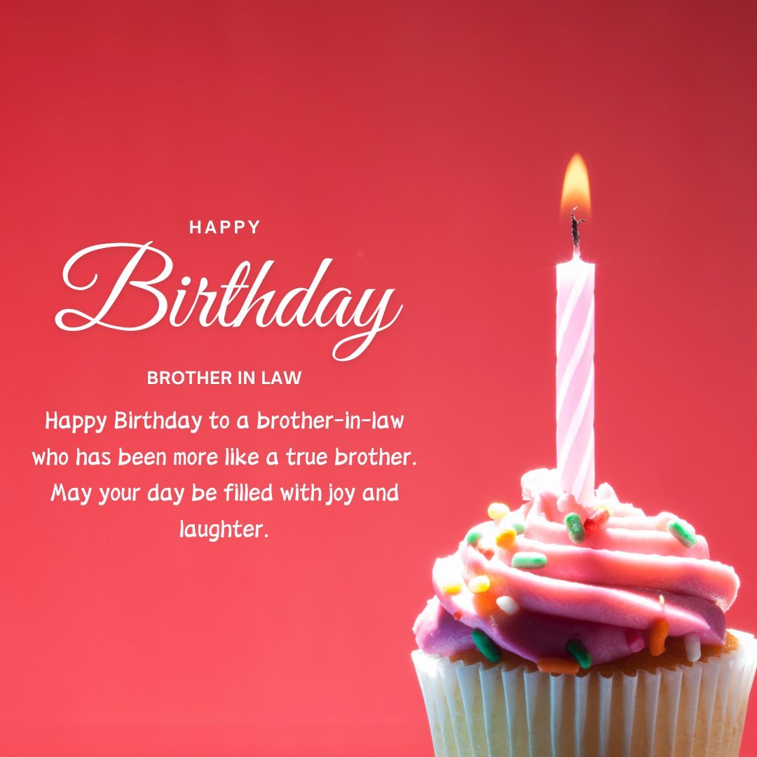 Happy Birthday Brother in Law Wishes on a red background featuring a lit candle on a cupcake, expressing heartfelt sentiment.