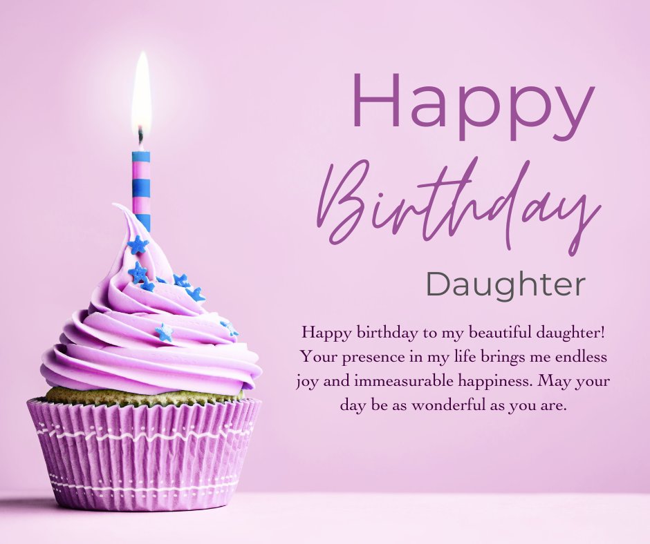 An elegant birthday setup featuring a single cupcake with vibrant purple frosting and a lit candle, set against a soft pink background. The image includes the text 'Happy Birthday Daughter', expressing a heartfelt happy birthday message for daughter, and further sentiments wishing joy and happiness, making it perfect for celebrating a special day.