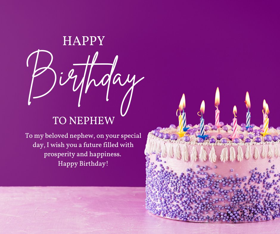 Happy Birthday Nephew Heartwarming Wishes on a lavender background with a beautifully decorated cake adorned with lit candles and purple sugar beads. The text reads: HAPPY BIRTHDAY TO NEPHEW, expressing heartfelt birthday greetings.