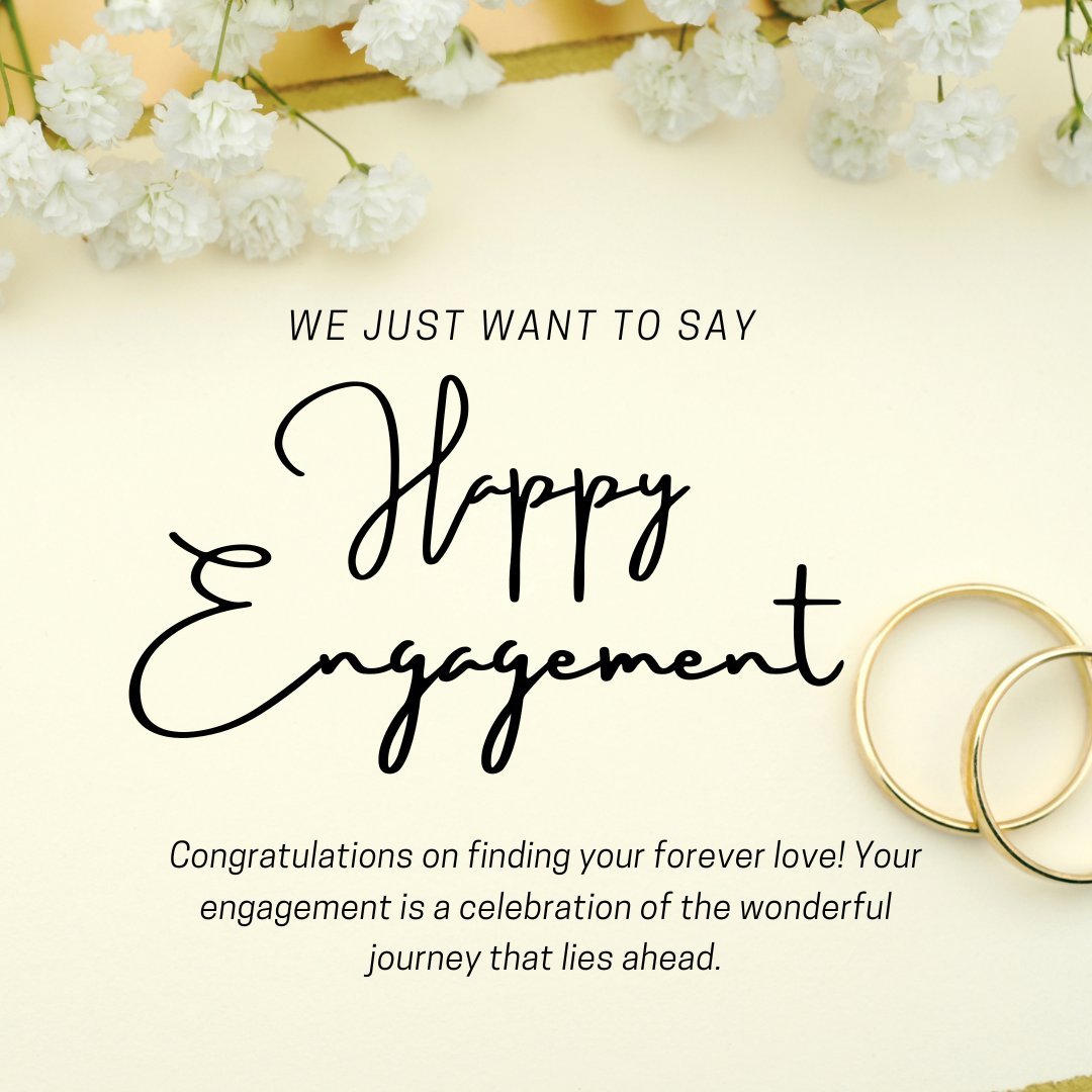 Happy Engagement Wishes for Brother card featuring elegant script on a yellow background, adorned with white flowers and wedding rings, symbolizing joy and celebration.