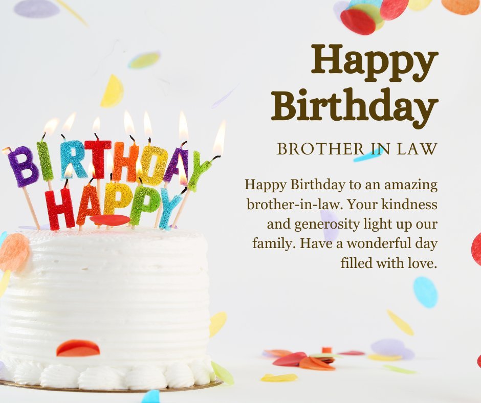 Heart Touching Birthday Wishes for Brother-in-Law displayed on a cake with colorful 'HAPPY BIRTHDAY' candles and confetti, conveying love and appreciation.