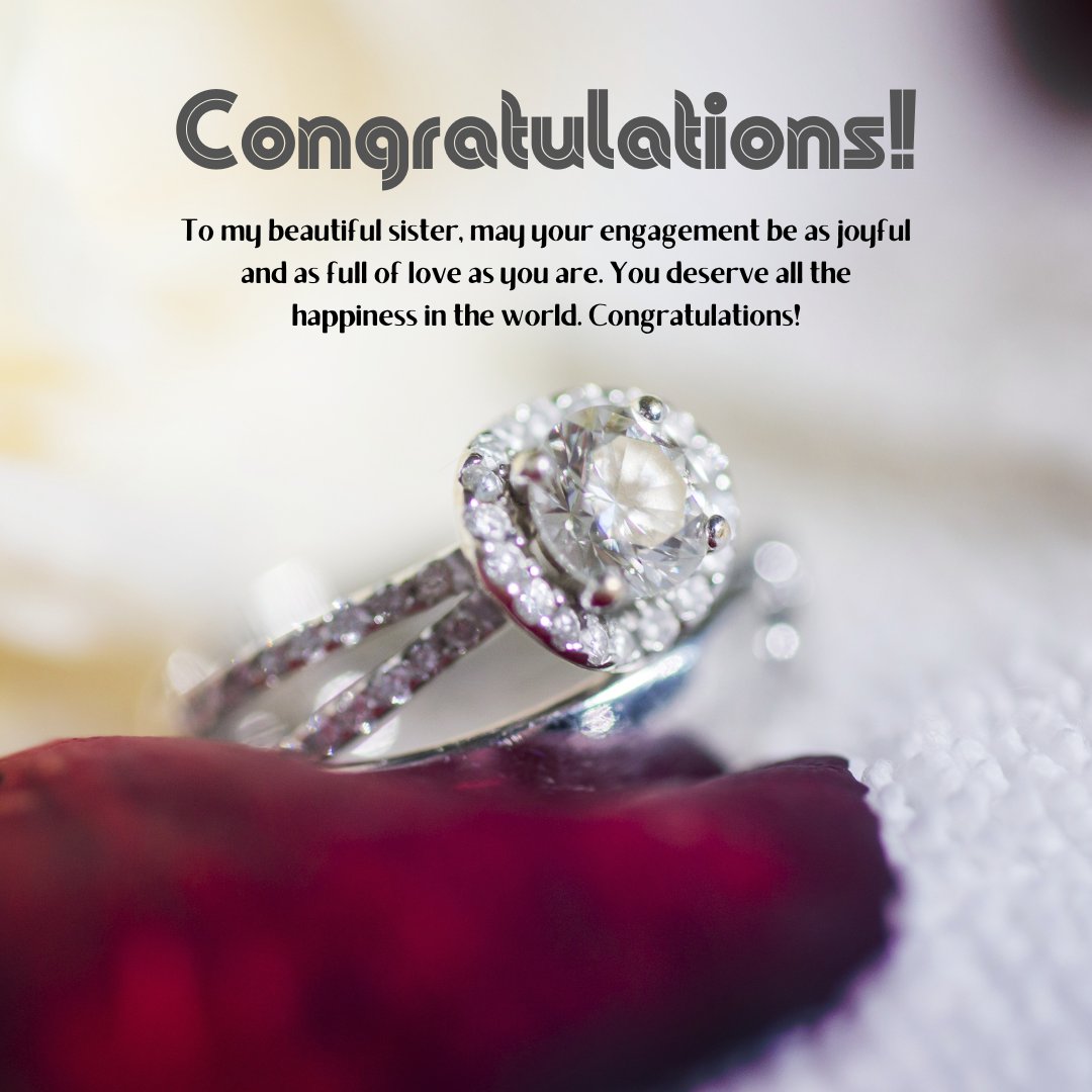 Heart-touching engagement wishes for a sister featuring a close-up of an elegant diamond engagement ring on a red rose petal.