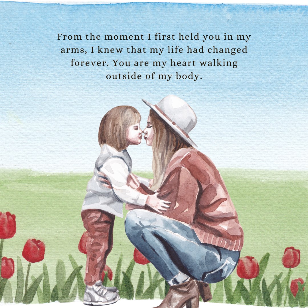 A touching watercolor painting of a mother and daughter sharing a tender moment in a field of red tulips. The mother, crouched down to her daughter's height, receives a gentle kiss on the lips from her young child, encapsulating the essence of heartwarming messages for daughter from mother. The background features a serene blue sky and lush greenery, enhancing the emotional depth of the scene