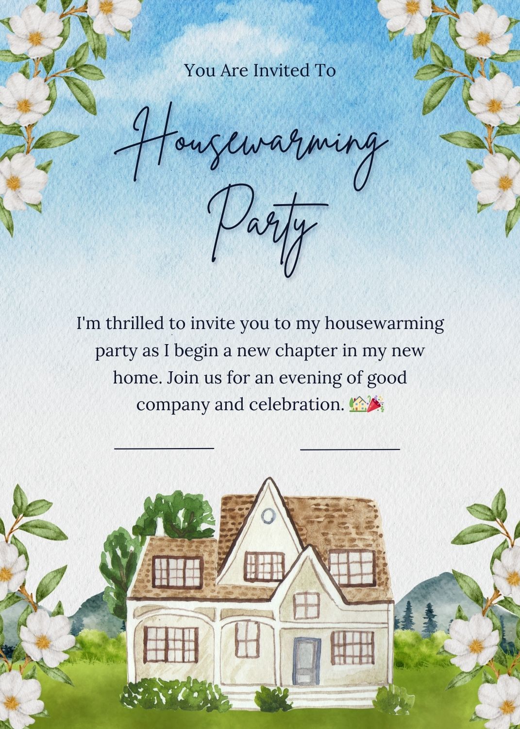 Housewarming invitation messages for colleagues featuring an elegant invitation with a watercolor illustration of a quaint house surrounded by white blossoms, inviting colleagues to a celebratory housewarming party.