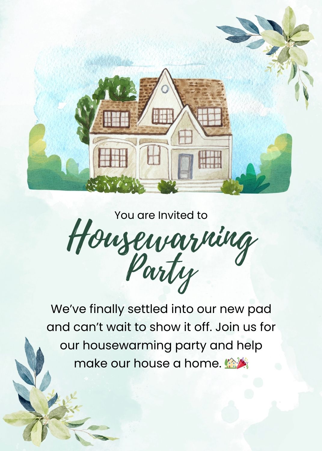 Housewarming invitation messages for friends featuring a charming watercolor illustration of a house with lush greenery and text inviting guests to a housewarming party.