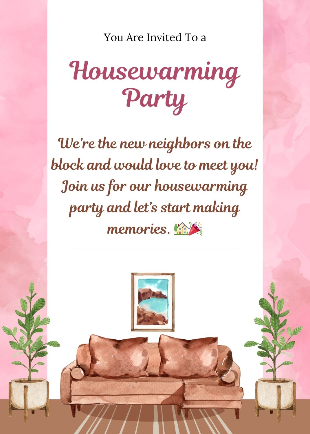 Housewarming invitation messages for neighbors featuring a warm, welcoming design with a cozy living room setting, and a friendly invitation to join the housewarming party to create new memories