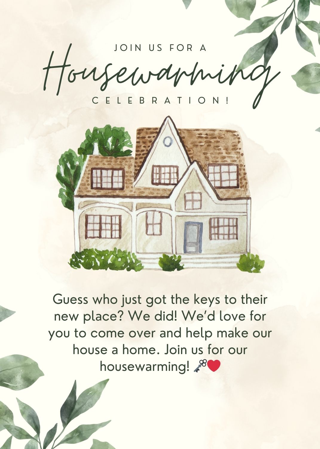 Housewarming invitation messages to post on social media, featuring a watercolor painting of a large house surrounded by lush greenery with text inviting guests to a housewarming celebration.