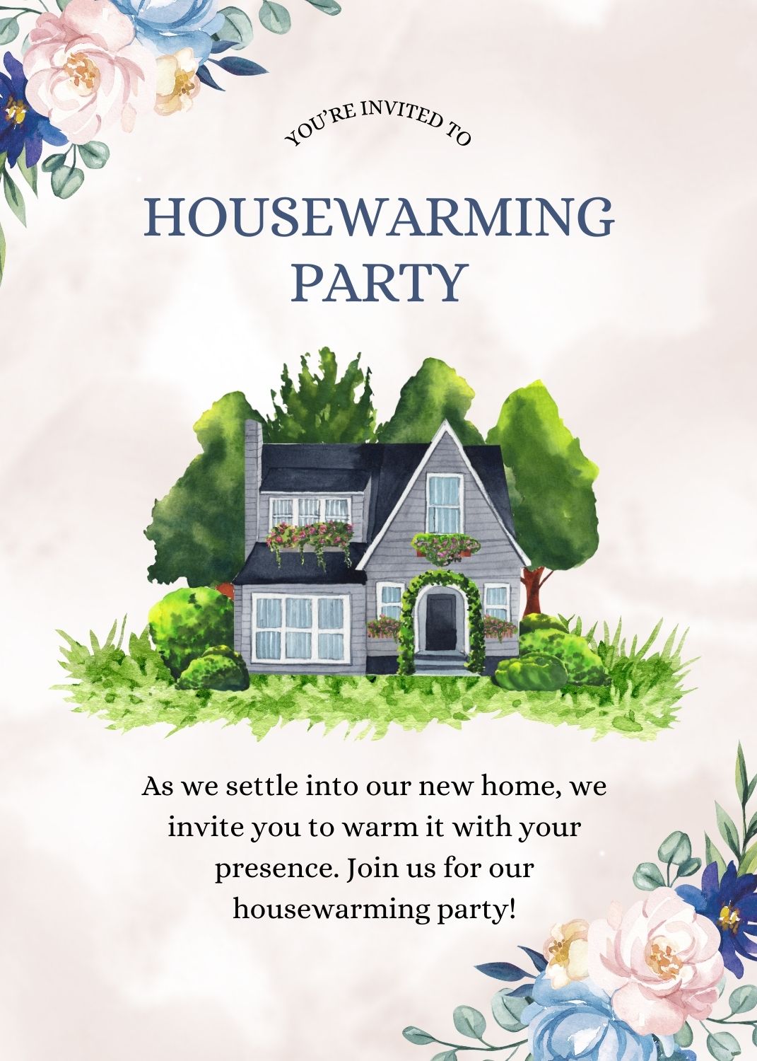 Housewarming party invitation featuring a watercolor illustration of a cozy gray house surrounded by lush greenery and floral decorations with the text 'You're invited to a Housewarming Party'.