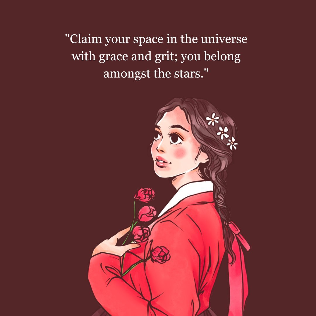 Elegant woman in a red jacket holding roses, looking upwards with hope, accompanied by inspirational encouraging words for women on claiming one's space in the universe with grace and grit.