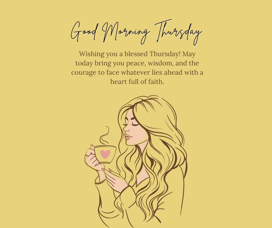 Inspirational Good Morning Thursday Blessings featuring an illustration of a woman peacefully holding a cup of coffee with a heart on it. The text above wishes for a blessed Thursday filled with peace, wisdom, and courage to face challenges with faith.