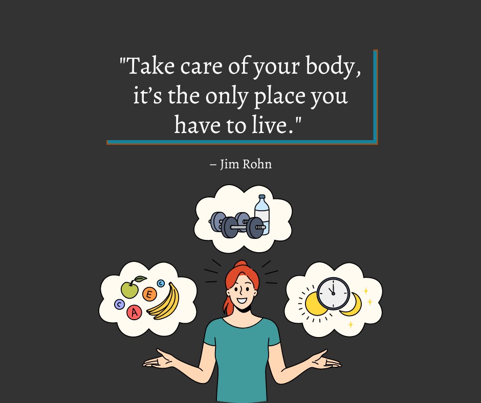 Inspirational Health is Wealth Quotes: Illustration of a person balancing symbols of healthy eating, exercise, and sleep with a quote from Jim Rohn emphasizing the importance of taking care of your body.