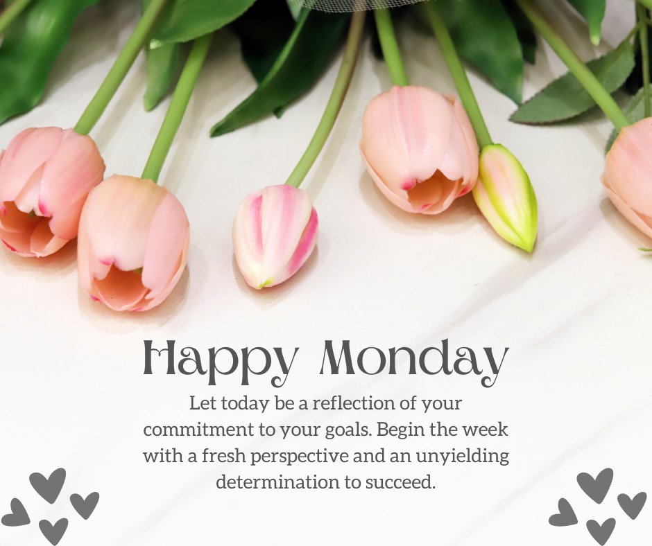 Happy Monday message on a backdrop of delicate pink tulips, offering inspirational Monday messages: 'Let today be a reflection of your commitment to your goals. Begin the week with a fresh perspective and an unyielding determination to succeed.'