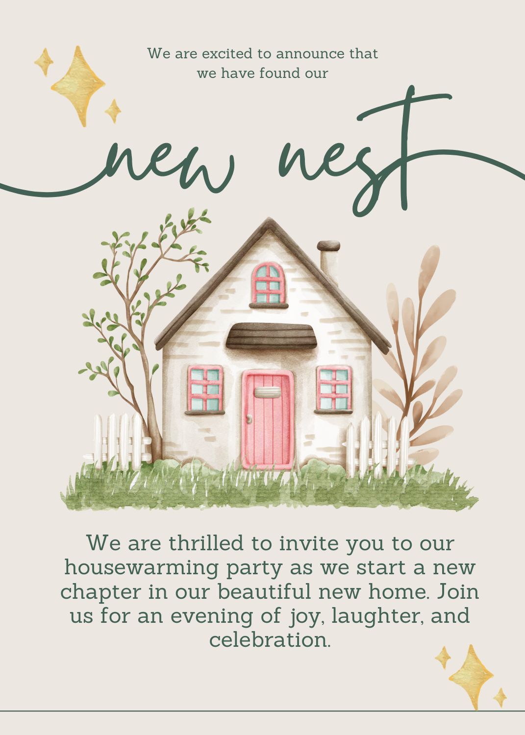 Invite people to your housewarming party with this charming invitation featuring a whimsical illustration of a cottage with pink doors and windows, surrounded by greenery and festive golden accents