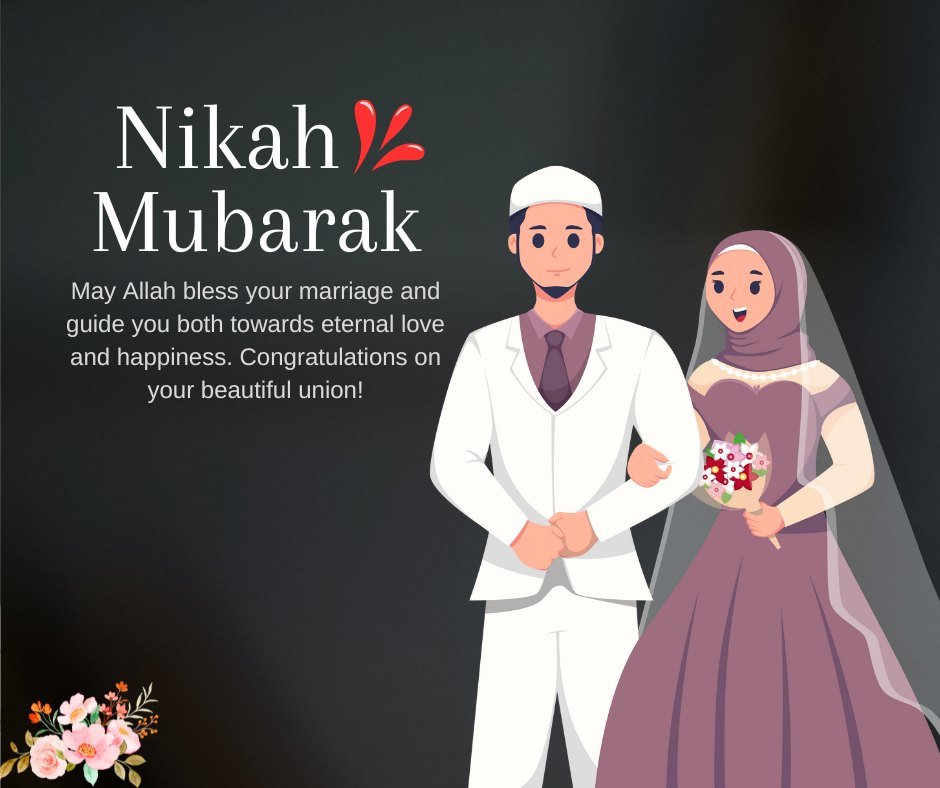 Islamic Marriage Wishes featuring a Muslim bride in a purple gown and a groom in a white suit, holding hands, with a heartfelt message for their union, on a dark background.