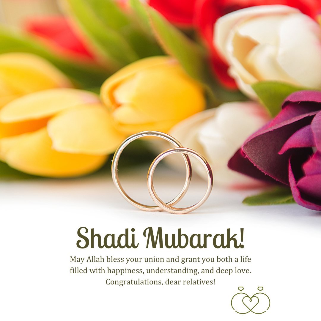 Islamic Wedding Wishes for Relatives featuring a close-up of wedding rings with a vibrant background of colorful tulips and roses, accompanied by a heartfelt congratulatory message.