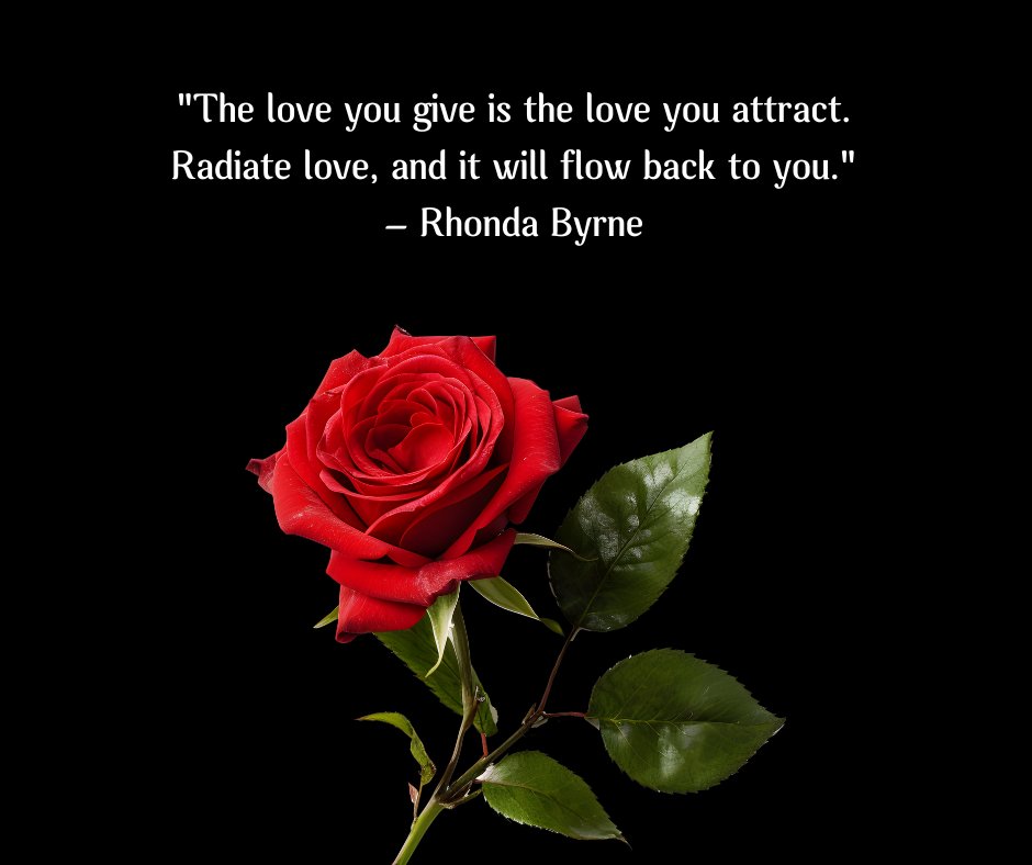 Love manifestation quote by Rhonda Byrne displayed above a vibrant red rose on a black background, symbolizing the power of radiating and attracting love.