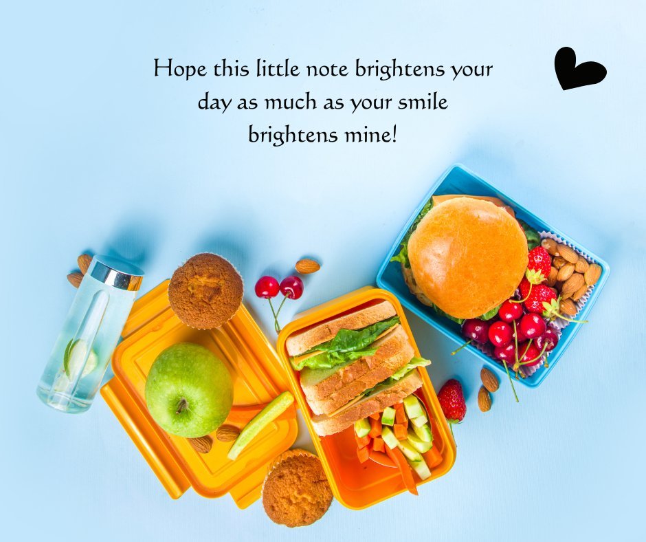 Colorful and healthy lunchbox setup for a son on a light blue background, featuring a sandwich, fresh fruits, nuts, and a heartwarming note to brighten his day, embodying the spirit of loving lunchbox messages for son.