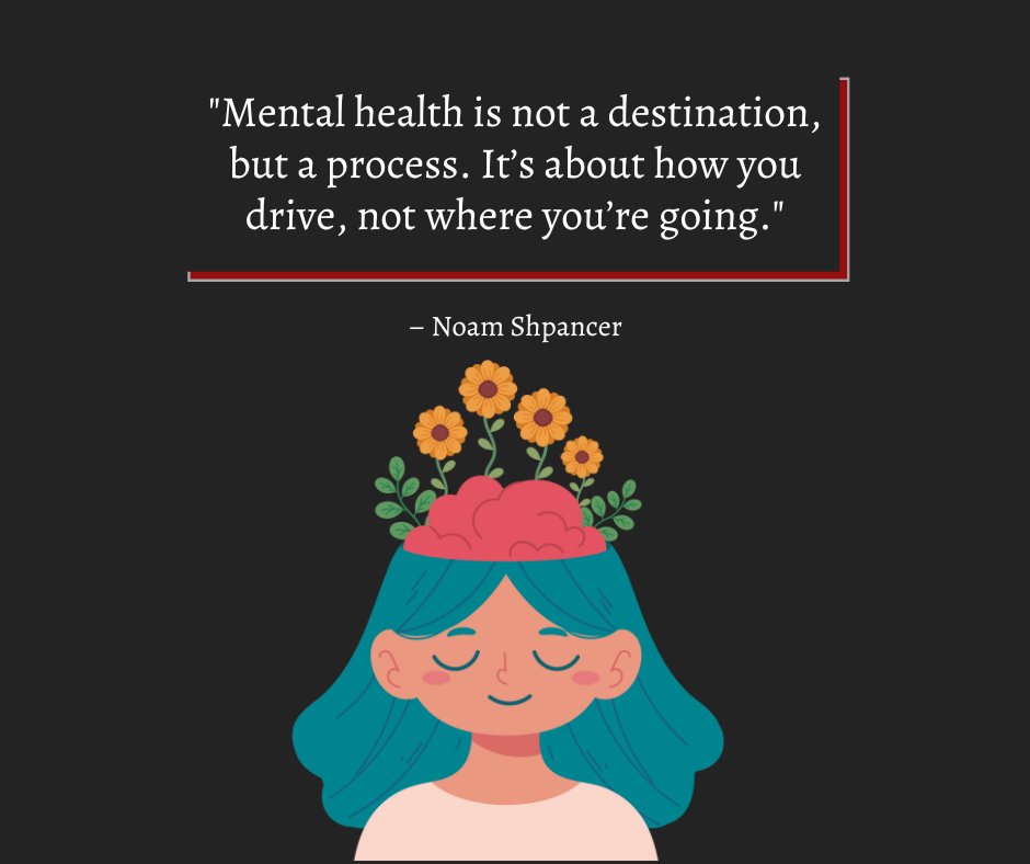 Mental Health is Wealth Quotes: Illustration of a person with flowers growing from their brain, accompanied by a quote from Noam Shpancer emphasizing that mental health is a process, not a destination